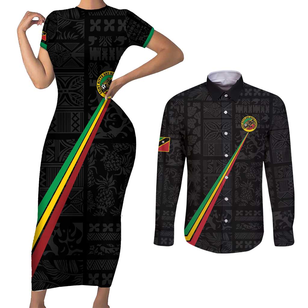 Custom Saint Kitts And Nevis Football Couples Matching Short Sleeve Bodycon Dress and Long Sleeve Button Shirt Sugar Boyz Black Version - Wonder Print Shop