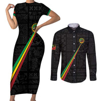 Custom Saint Kitts And Nevis Football Couples Matching Short Sleeve Bodycon Dress and Long Sleeve Button Shirt Sugar Boyz Black Version - Wonder Print Shop