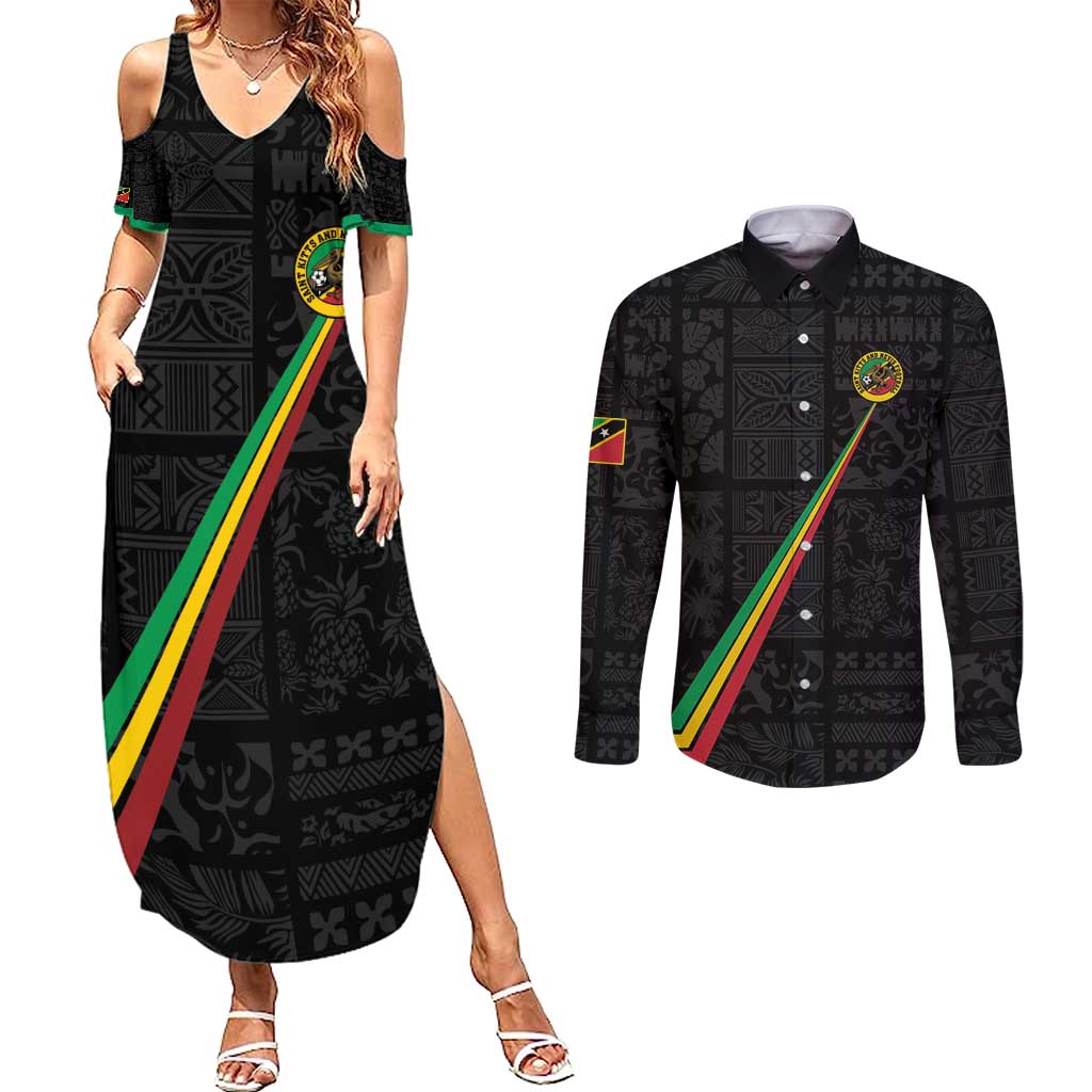 Custom Saint Kitts And Nevis Football Couples Matching Summer Maxi Dress and Long Sleeve Button Shirt Sugar Boyz Black Version - Wonder Print Shop