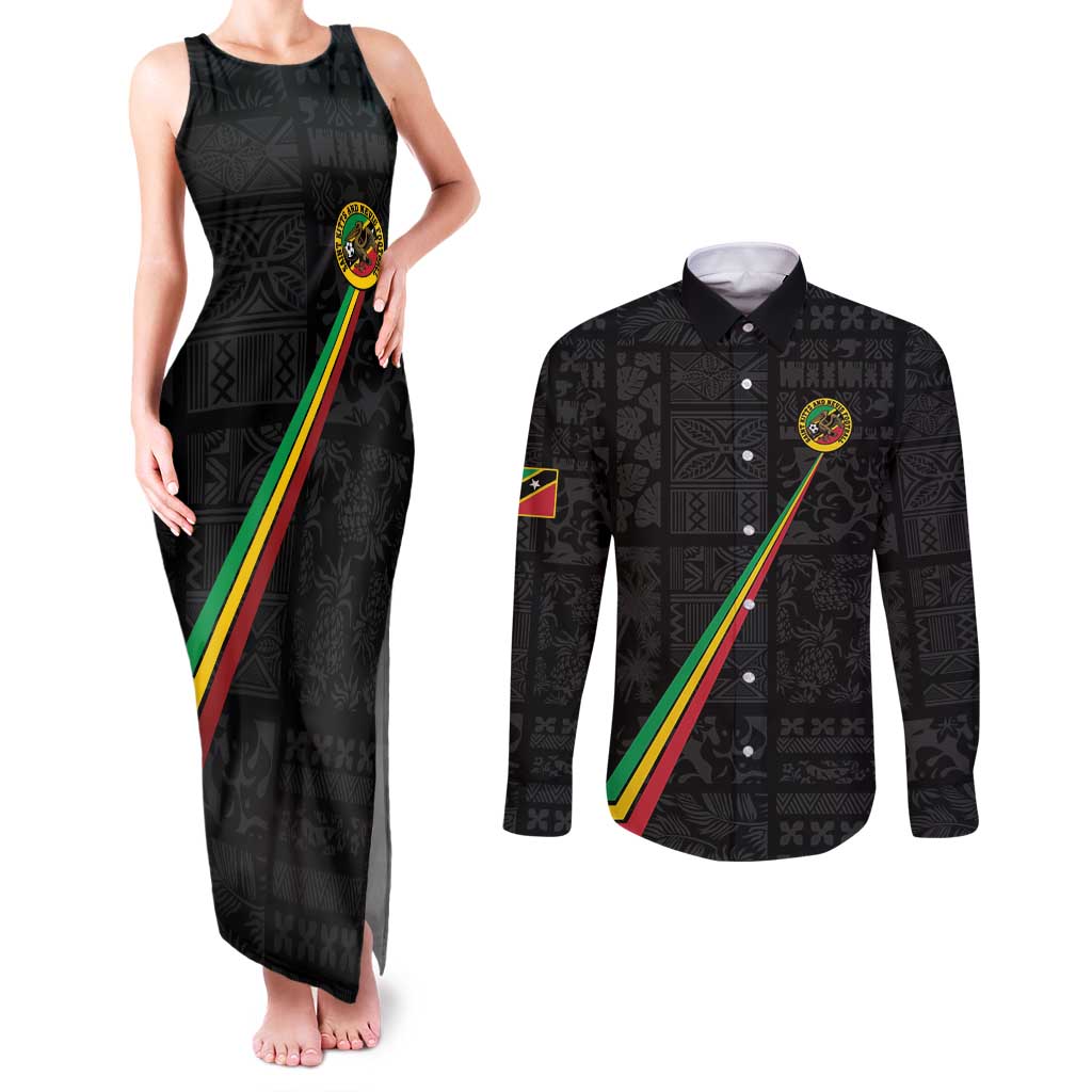 Custom Saint Kitts And Nevis Football Couples Matching Tank Maxi Dress and Long Sleeve Button Shirt Sugar Boyz Black Version - Wonder Print Shop
