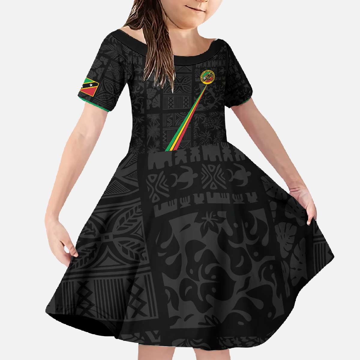 Custom Saint Kitts And Nevis Football Family Matching Off The Shoulder Long Sleeve Dress and Hawaiian Shirt Sugar Boyz Black Version - Wonder Print Shop