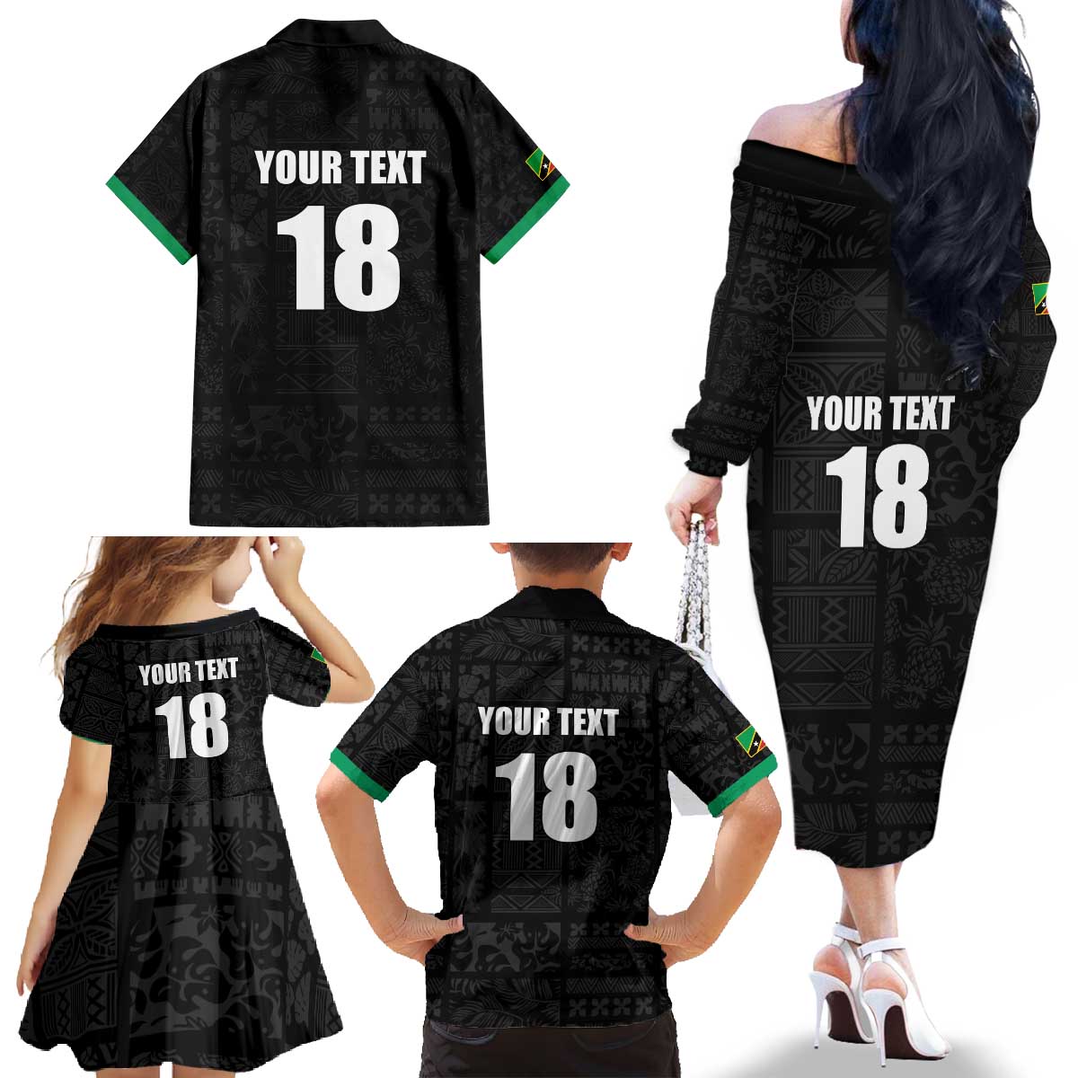 Custom Saint Kitts And Nevis Football Family Matching Off The Shoulder Long Sleeve Dress and Hawaiian Shirt Sugar Boyz Black Version - Wonder Print Shop