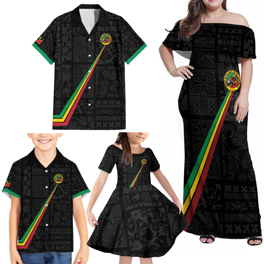 Custom Saint Kitts And Nevis Football Family Matching Off Shoulder Maxi Dress and Hawaiian Shirt Sugar Boyz Black Version - Wonder Print Shop
