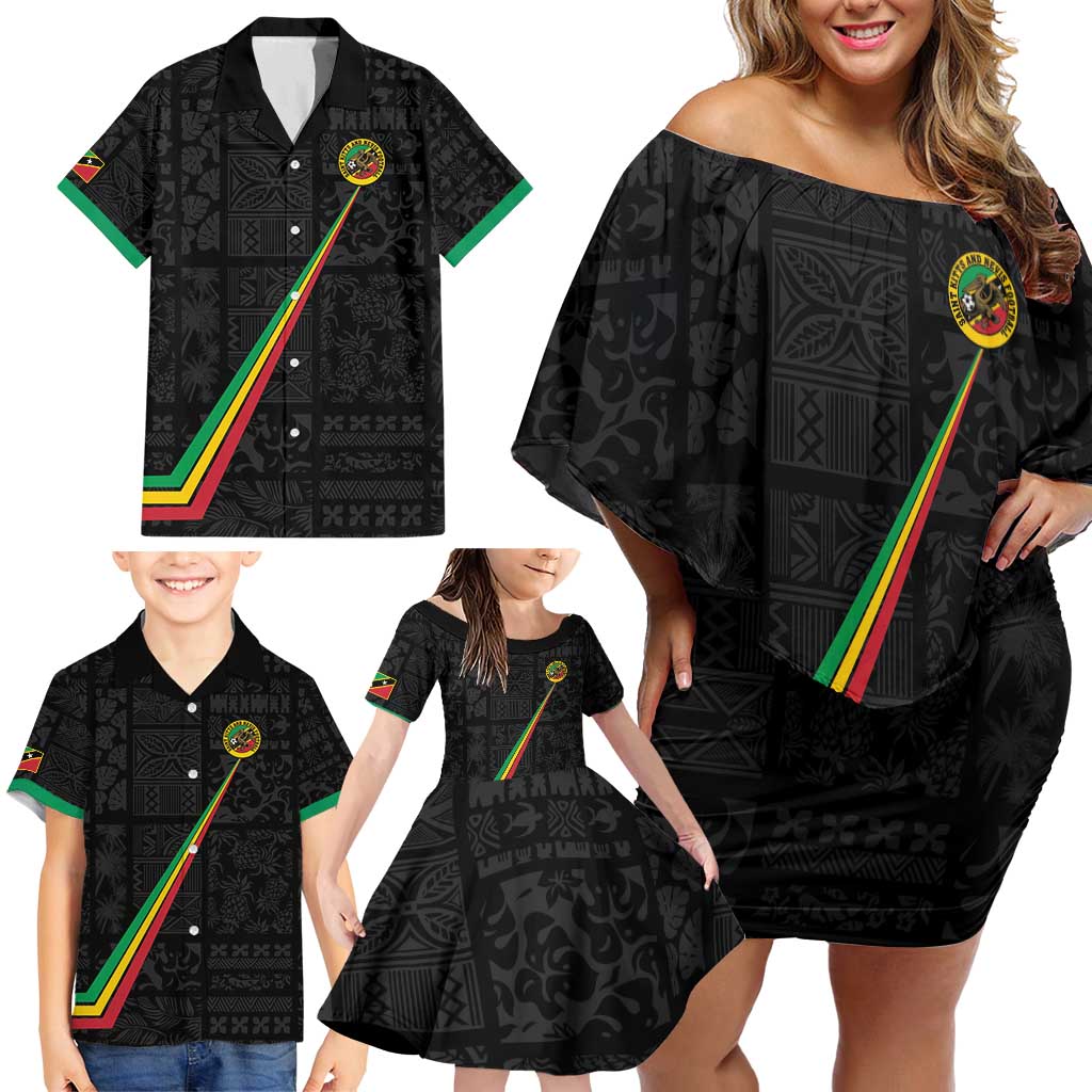 Custom Saint Kitts And Nevis Football Family Matching Off Shoulder Short Dress and Hawaiian Shirt Sugar Boyz Black Version - Wonder Print Shop