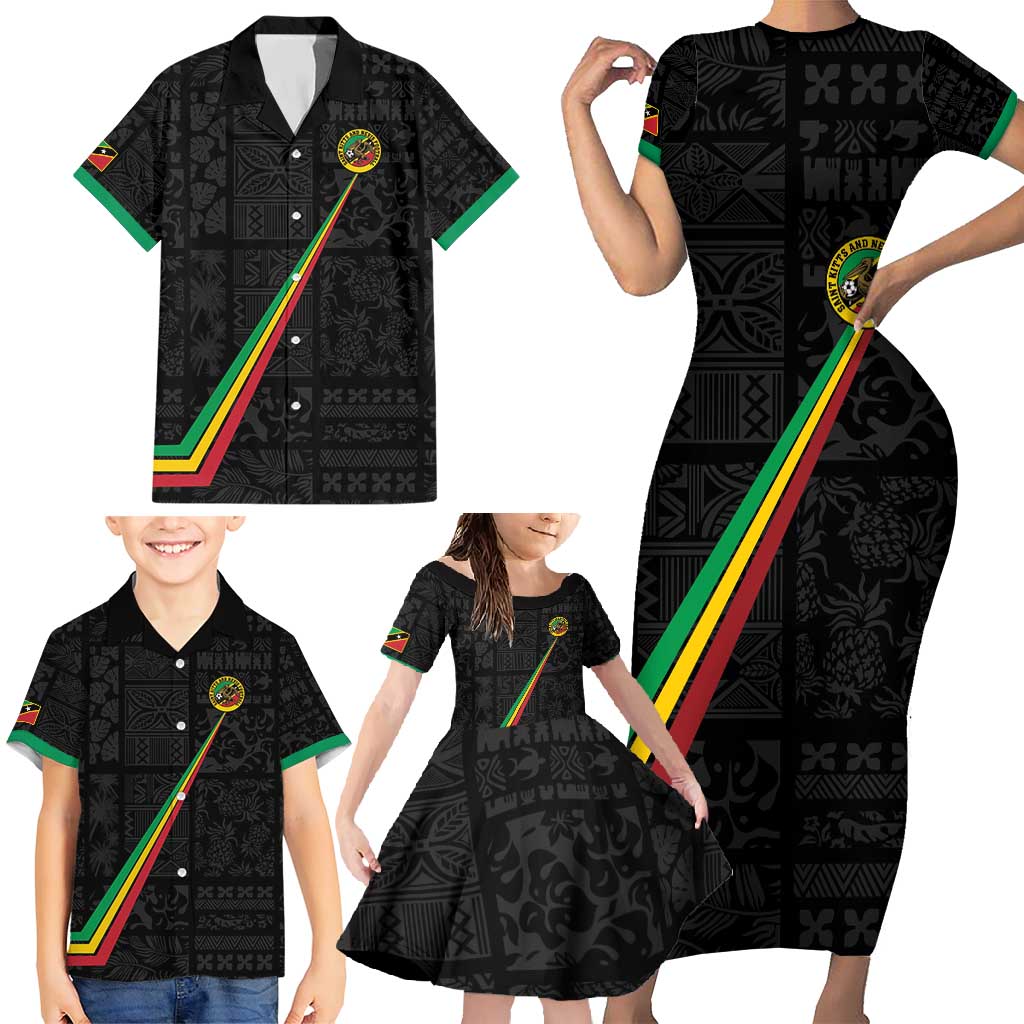 Custom Saint Kitts And Nevis Football Family Matching Short Sleeve Bodycon Dress and Hawaiian Shirt Sugar Boyz Black Version - Wonder Print Shop