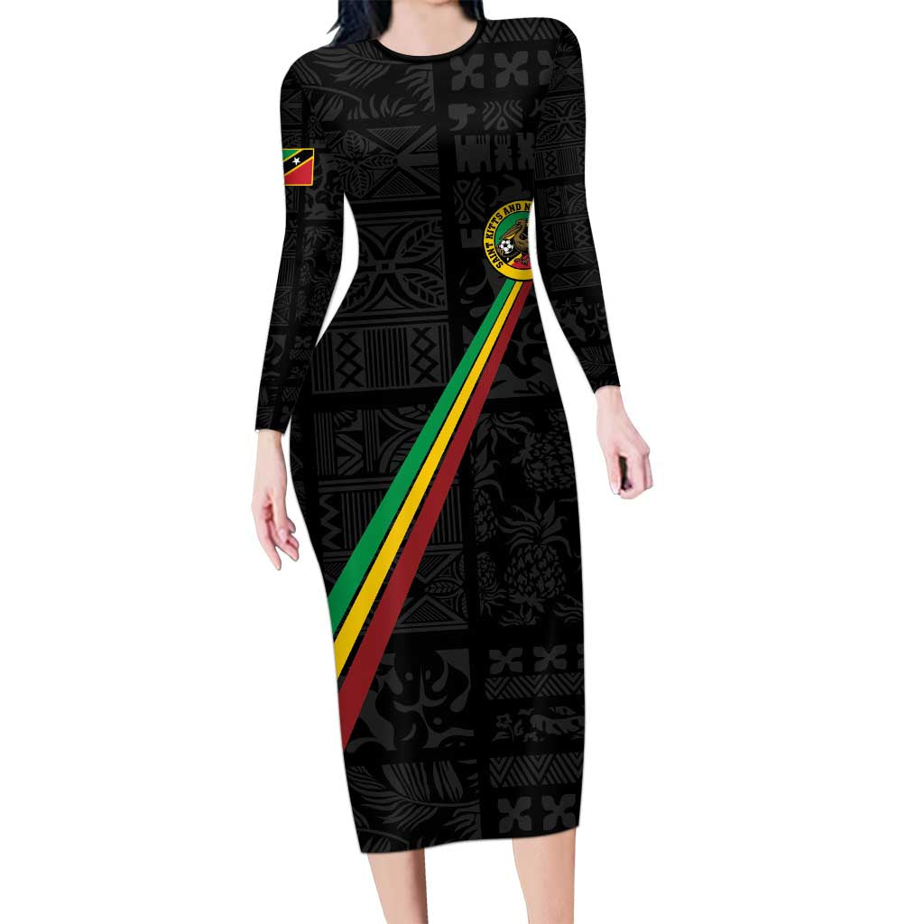 Custom Saint Kitts And Nevis Football Long Sleeve Bodycon Dress Sugar Boyz Black Version - Wonder Print Shop