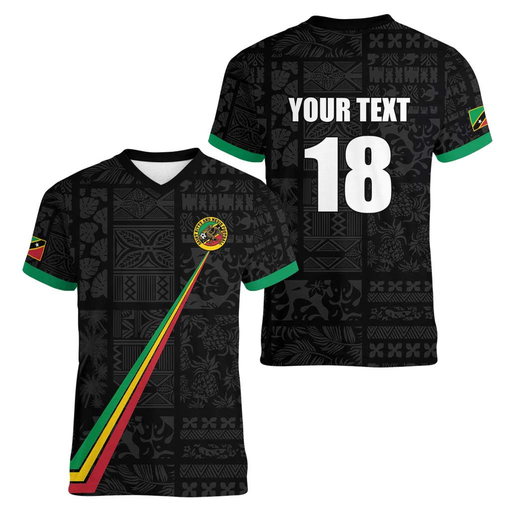 Custom Saint Kitts And Nevis Football Women V-Neck T-Shirt Sugar Boyz Black Version - Wonder Print Shop