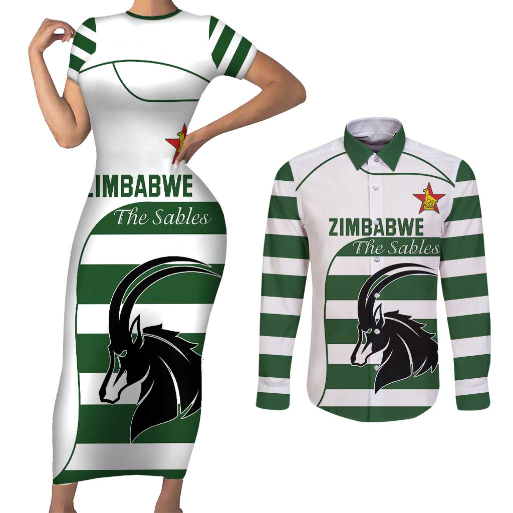 Custom Zimbabwe Rugby Couples Matching Short Sleeve Bodycon Dress and Long Sleeve Button Shirt The Sables Go Champion - Wonder Print Shop