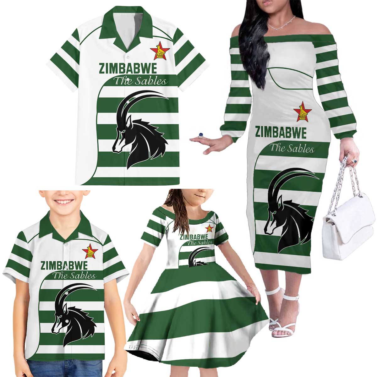 Custom Zimbabwe Rugby Family Matching Off The Shoulder Long Sleeve Dress and Hawaiian Shirt The Sables Go Champion - Wonder Print Shop
