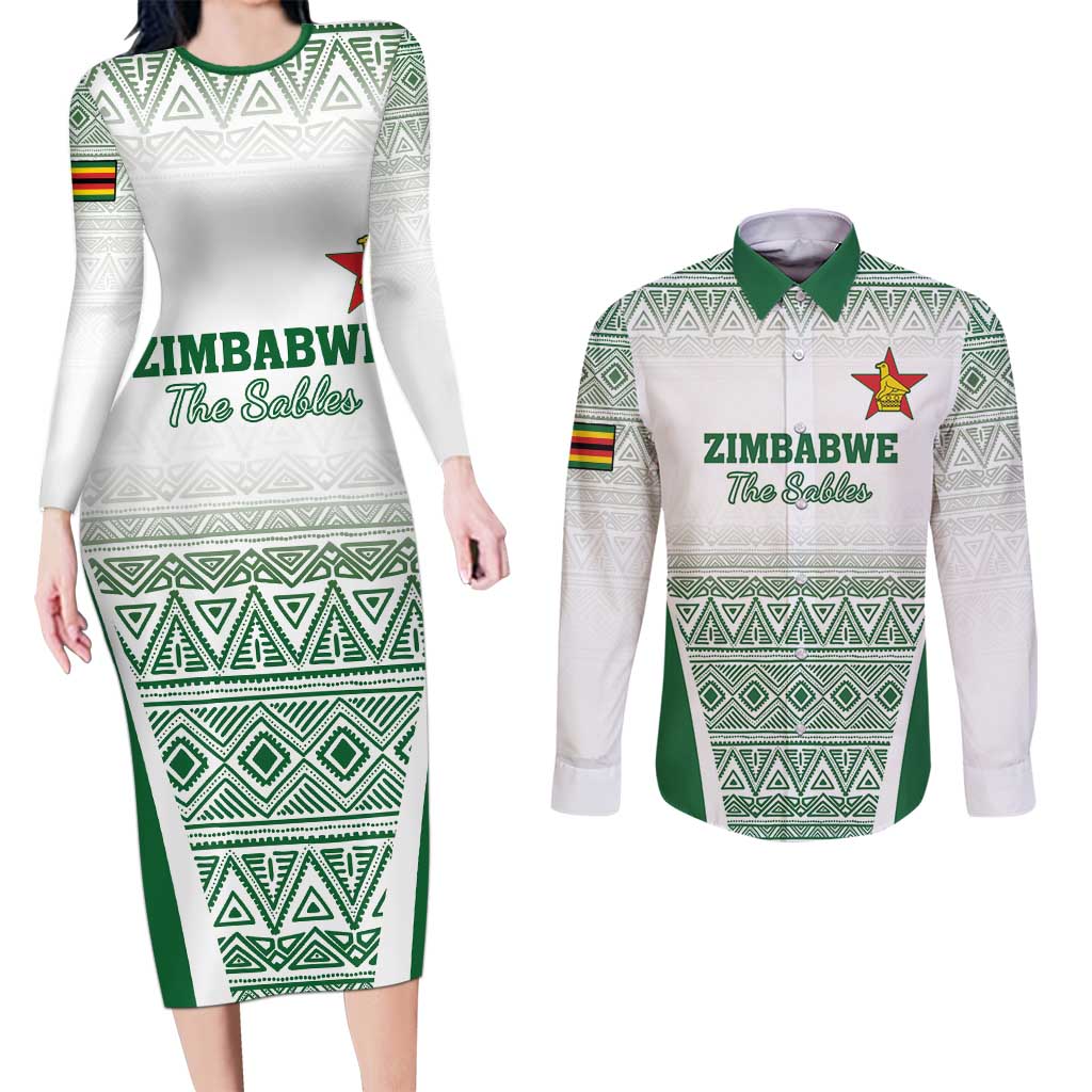 Custom Zimbabwe Rugby Couples Matching Long Sleeve Bodycon Dress and Long Sleeve Button Shirt Sables African Patterns - Wonder Print Shop