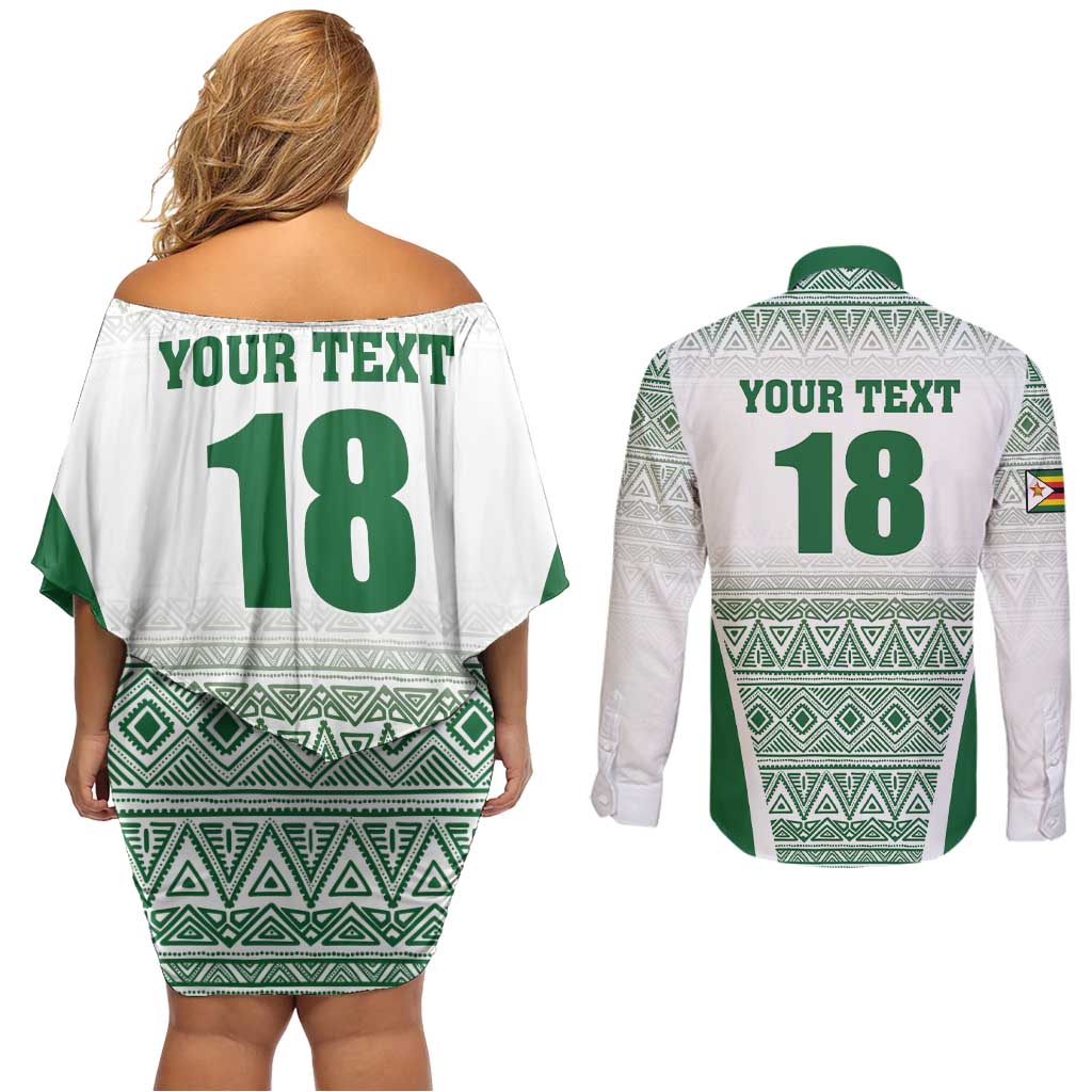 Custom Zimbabwe Rugby Couples Matching Off Shoulder Short Dress and Long Sleeve Button Shirt Sables African Patterns - Wonder Print Shop