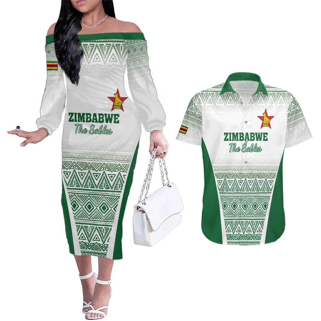 Custom Zimbabwe Rugby Couples Matching Off The Shoulder Long Sleeve Dress and Hawaiian Shirt Sables African Patterns - Wonder Print Shop