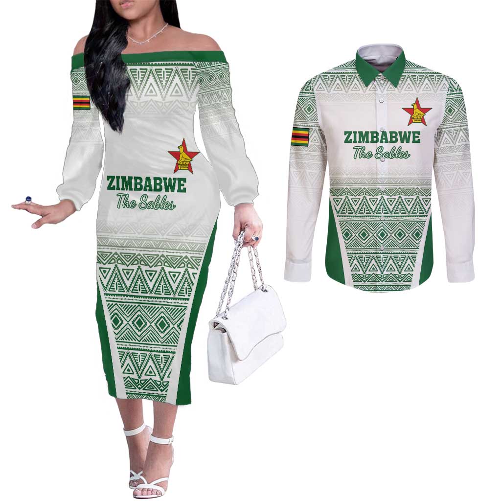 Custom Zimbabwe Rugby Couples Matching Off The Shoulder Long Sleeve Dress and Long Sleeve Button Shirt Sables African Patterns - Wonder Print Shop
