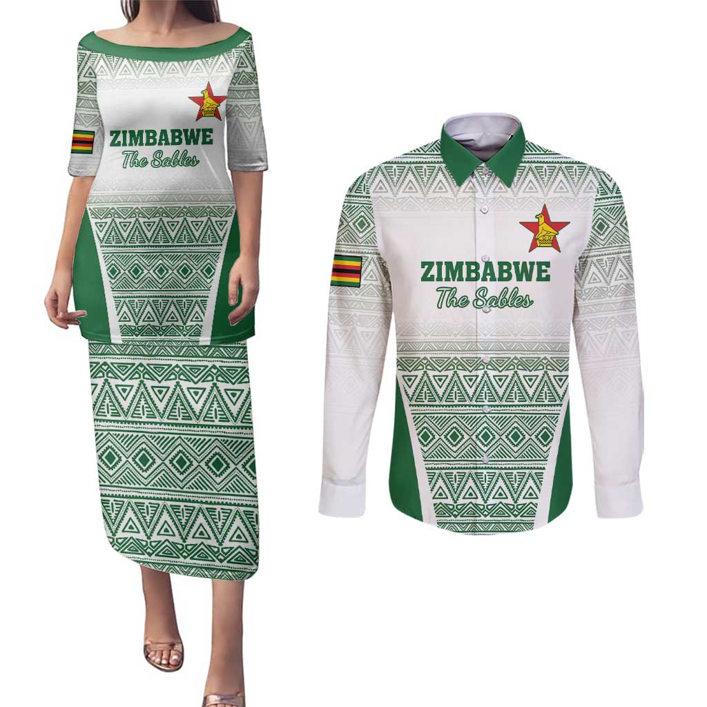 Custom Zimbabwe Rugby Couples Matching Puletasi and Long Sleeve Button Shirt Sables African Patterns - Wonder Print Shop