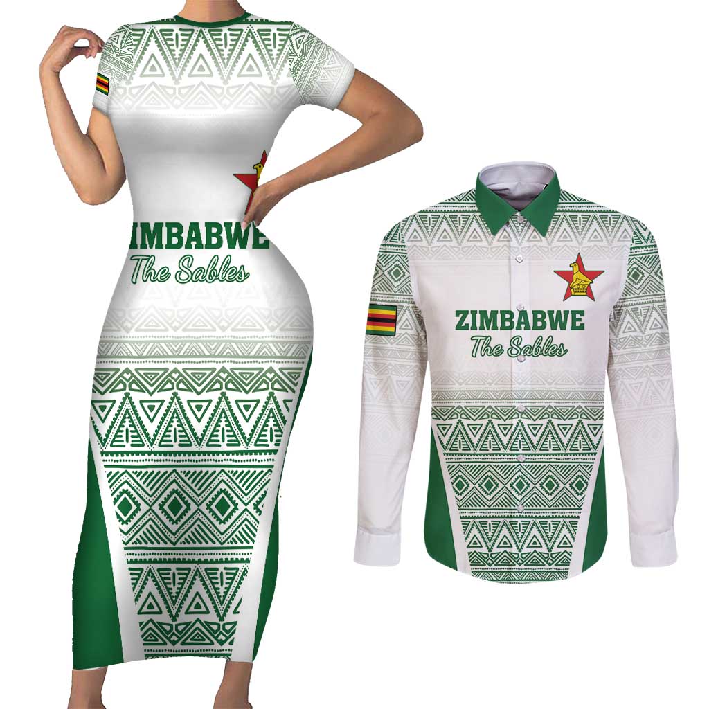Custom Zimbabwe Rugby Couples Matching Short Sleeve Bodycon Dress and Long Sleeve Button Shirt Sables African Patterns - Wonder Print Shop