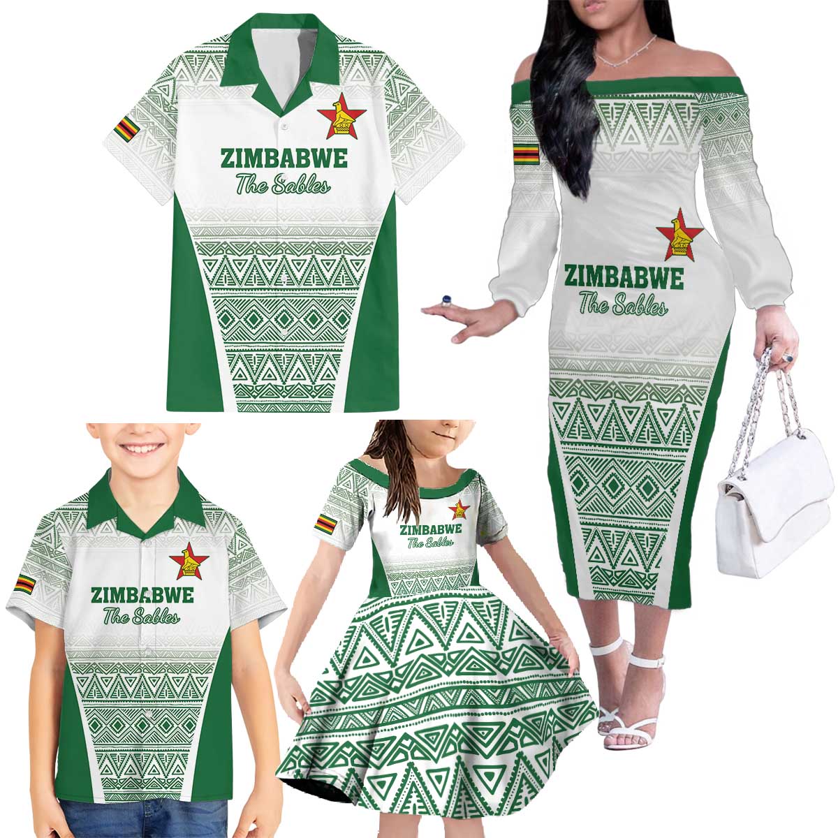 Custom Zimbabwe Rugby Family Matching Off The Shoulder Long Sleeve Dress and Hawaiian Shirt Sables African Patterns - Wonder Print Shop