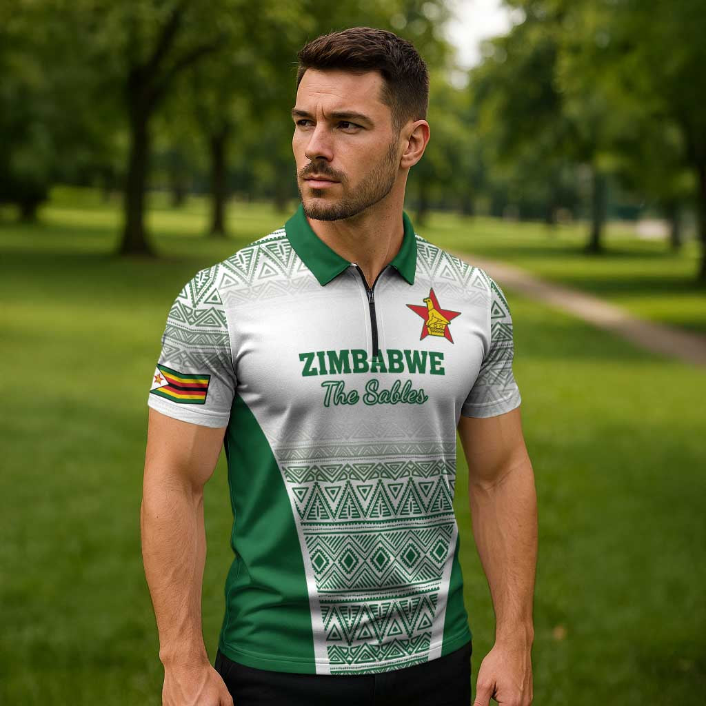 Custom Zimbabwe Rugby Zipper Polo Shirt Sables African Patterns - Wonder Print Shop