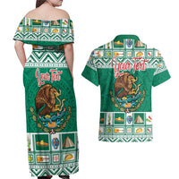 Personalized Mexico Christmas Couples Matching Off Shoulder Maxi Dress and Hawaiian Shirt Coat Of Arms With Aztec Mexican Patterns - Wonder Print Shop