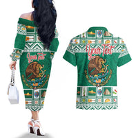 Personalized Mexico Christmas Couples Matching Off The Shoulder Long Sleeve Dress and Hawaiian Shirt Coat Of Arms With Aztec Mexican Patterns - Wonder Print Shop