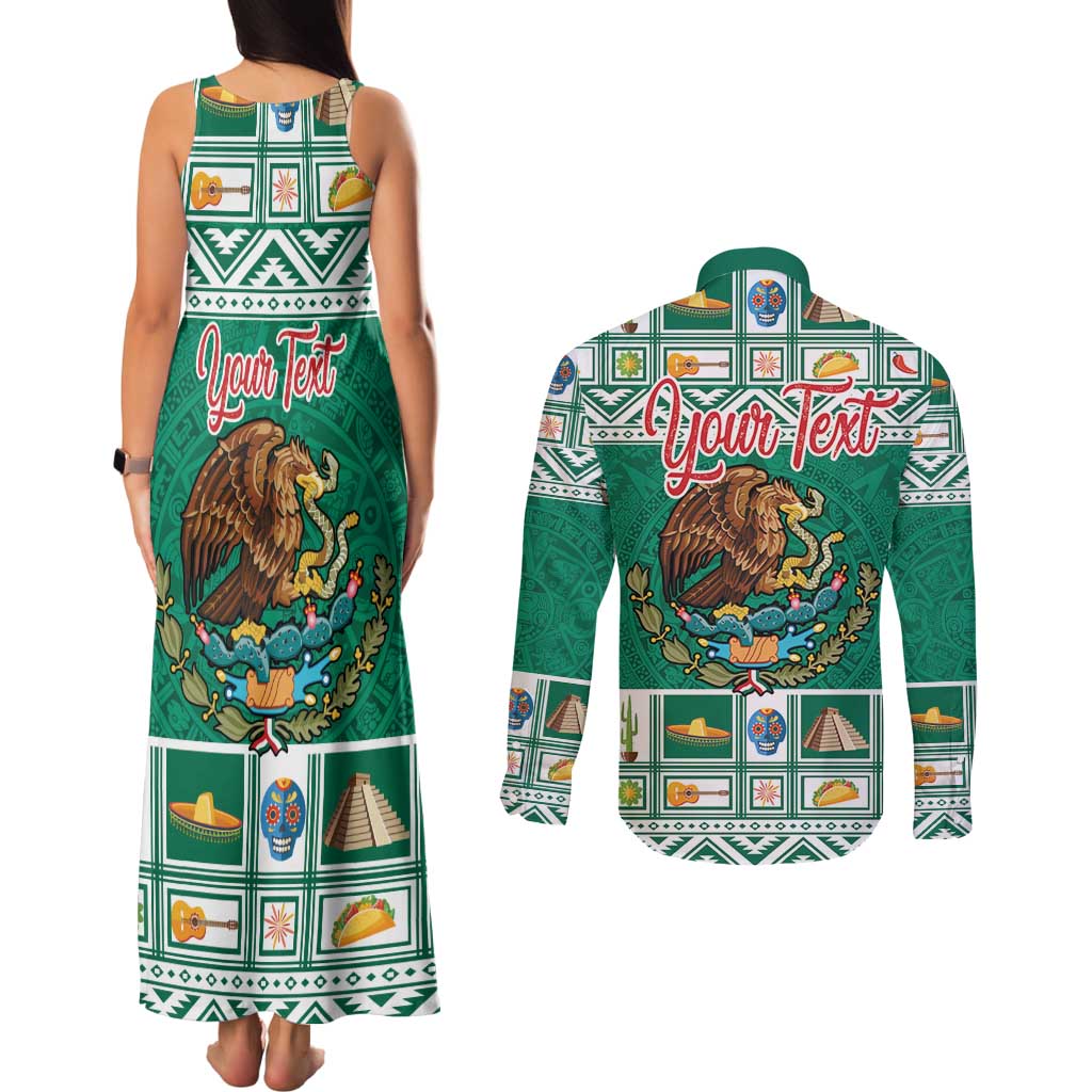 Personalized Mexico Christmas Couples Matching Tank Maxi Dress and Long Sleeve Button Shirt Coat Of Arms With Aztec Mexican Patterns - Wonder Print Shop