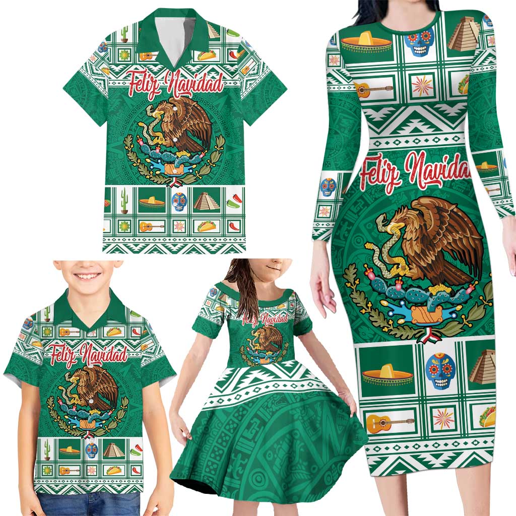 Personalized Mexico Christmas Family Matching Long Sleeve Bodycon Dress and Hawaiian Shirt Coat Of Arms With Aztec Mexican Patterns - Wonder Print Shop