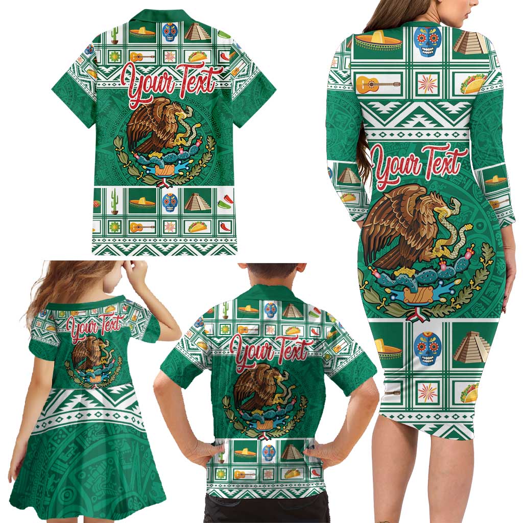 Personalized Mexico Christmas Family Matching Long Sleeve Bodycon Dress and Hawaiian Shirt Coat Of Arms With Aztec Mexican Patterns - Wonder Print Shop
