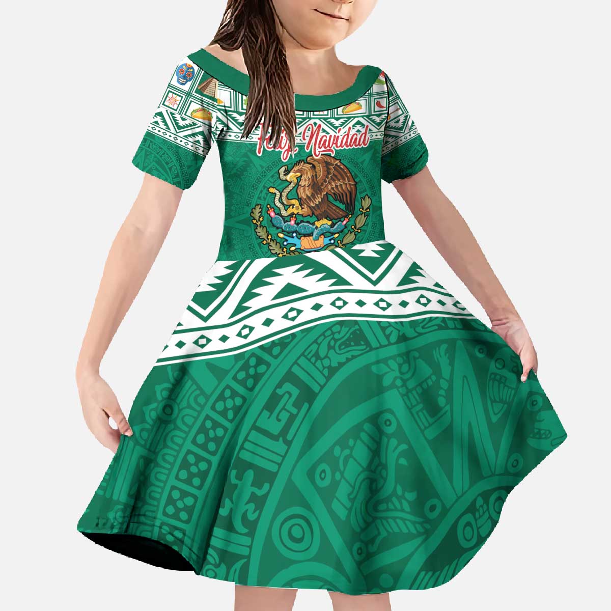 Personalized Mexico Christmas Family Matching Off The Shoulder Long Sleeve Dress and Hawaiian Shirt Coat Of Arms With Aztec Mexican Patterns - Wonder Print Shop