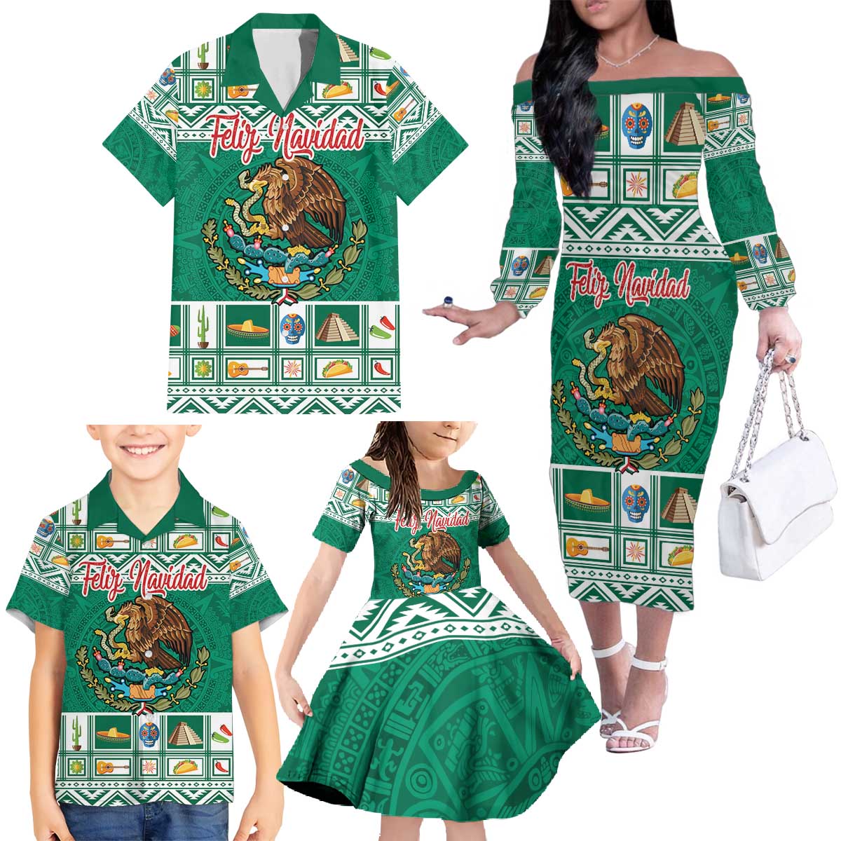 Personalized Mexico Christmas Family Matching Off The Shoulder Long Sleeve Dress and Hawaiian Shirt Coat Of Arms With Aztec Mexican Patterns - Wonder Print Shop