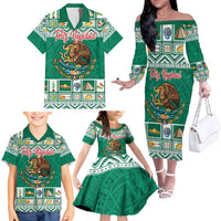 Personalized Mexico Christmas Family Matching Off The Shoulder Long Sleeve Dress and Hawaiian Shirt Coat Of Arms With Aztec Mexican Patterns - Wonder Print Shop