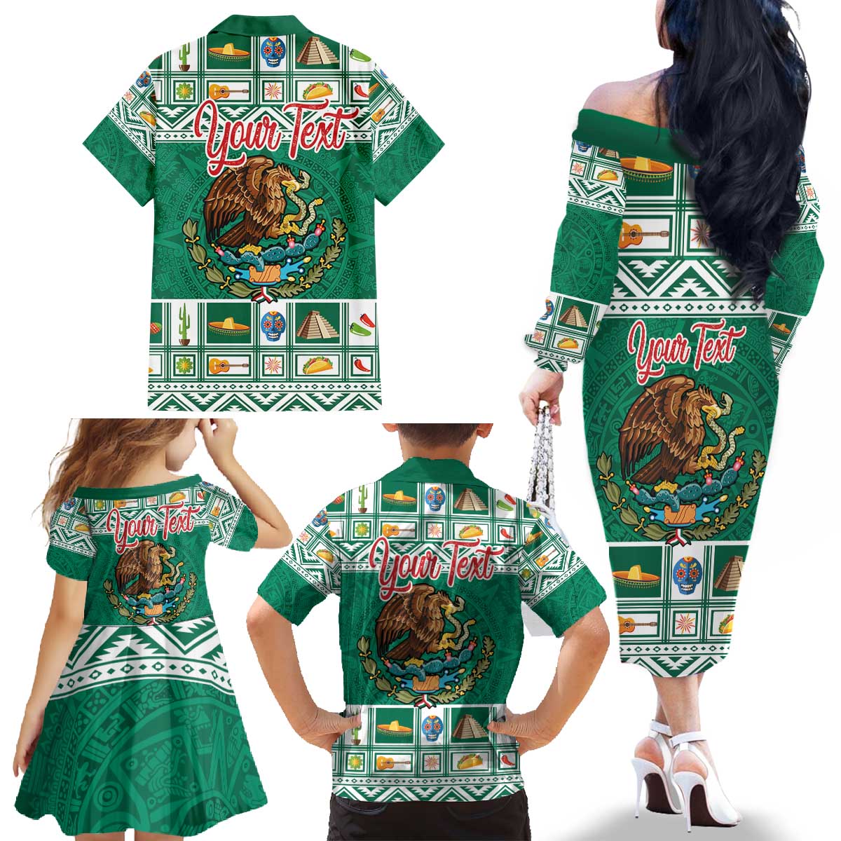 Personalized Mexico Christmas Family Matching Off The Shoulder Long Sleeve Dress and Hawaiian Shirt Coat Of Arms With Aztec Mexican Patterns - Wonder Print Shop