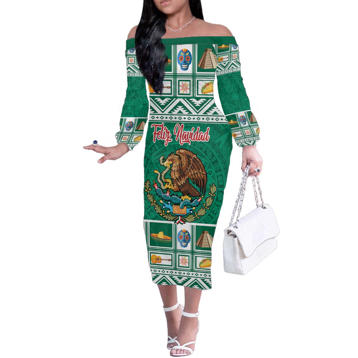 Personalized Mexico Christmas Family Matching Off The Shoulder Long Sleeve Dress and Hawaiian Shirt Coat Of Arms With Aztec Mexican Patterns - Wonder Print Shop
