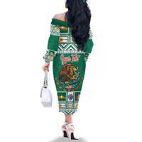 Personalized Mexico Christmas Family Matching Off The Shoulder Long Sleeve Dress and Hawaiian Shirt Coat Of Arms With Aztec Mexican Patterns - Wonder Print Shop