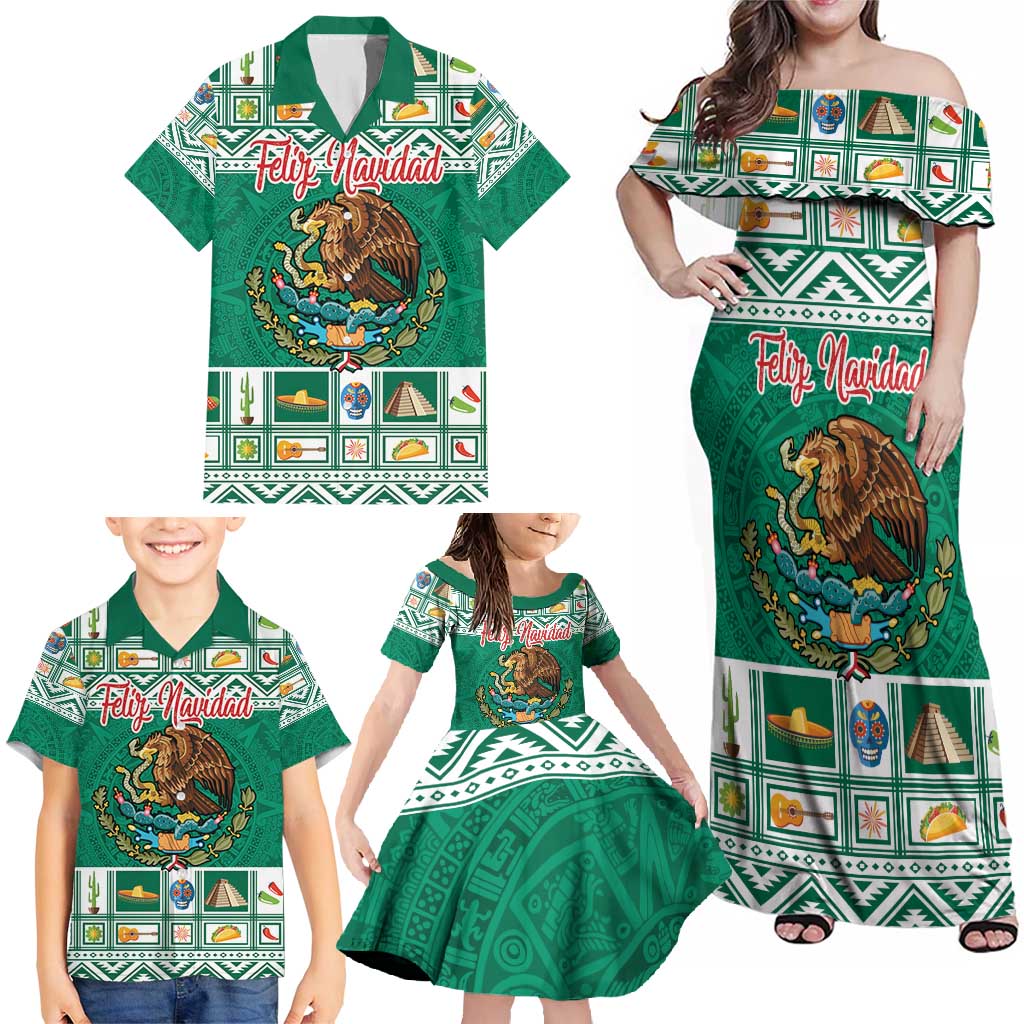 Personalized Mexico Christmas Family Matching Off Shoulder Maxi Dress and Hawaiian Shirt Coat Of Arms With Aztec Mexican Patterns - Wonder Print Shop