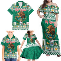 Personalized Mexico Christmas Family Matching Off Shoulder Maxi Dress and Hawaiian Shirt Coat Of Arms With Aztec Mexican Patterns - Wonder Print Shop