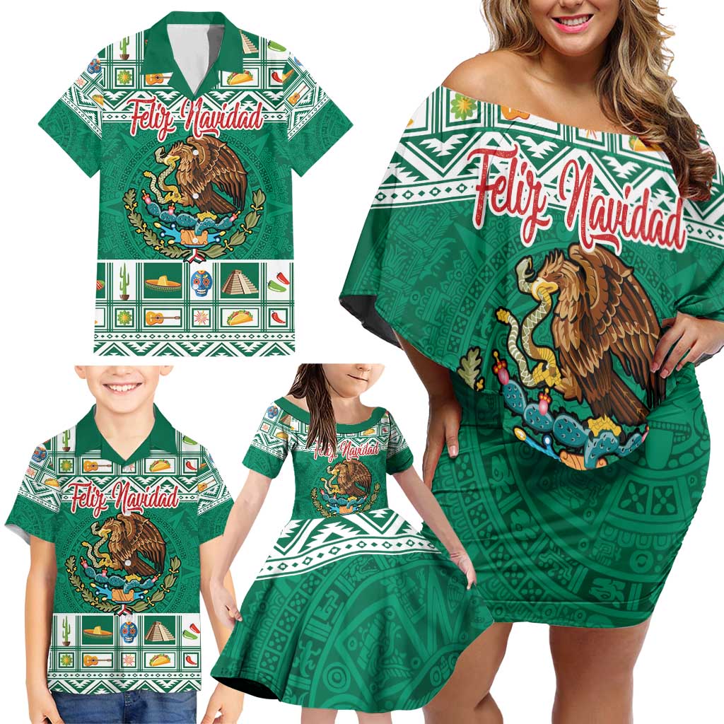 Personalized Mexico Christmas Family Matching Off Shoulder Short Dress and Hawaiian Shirt Coat Of Arms With Aztec Mexican Patterns - Wonder Print Shop