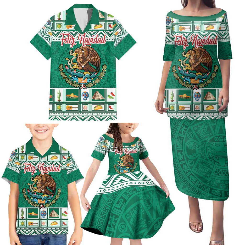 Personalized Mexico Christmas Family Matching Puletasi and Hawaiian Shirt Coat Of Arms With Aztec Mexican Patterns - Wonder Print Shop