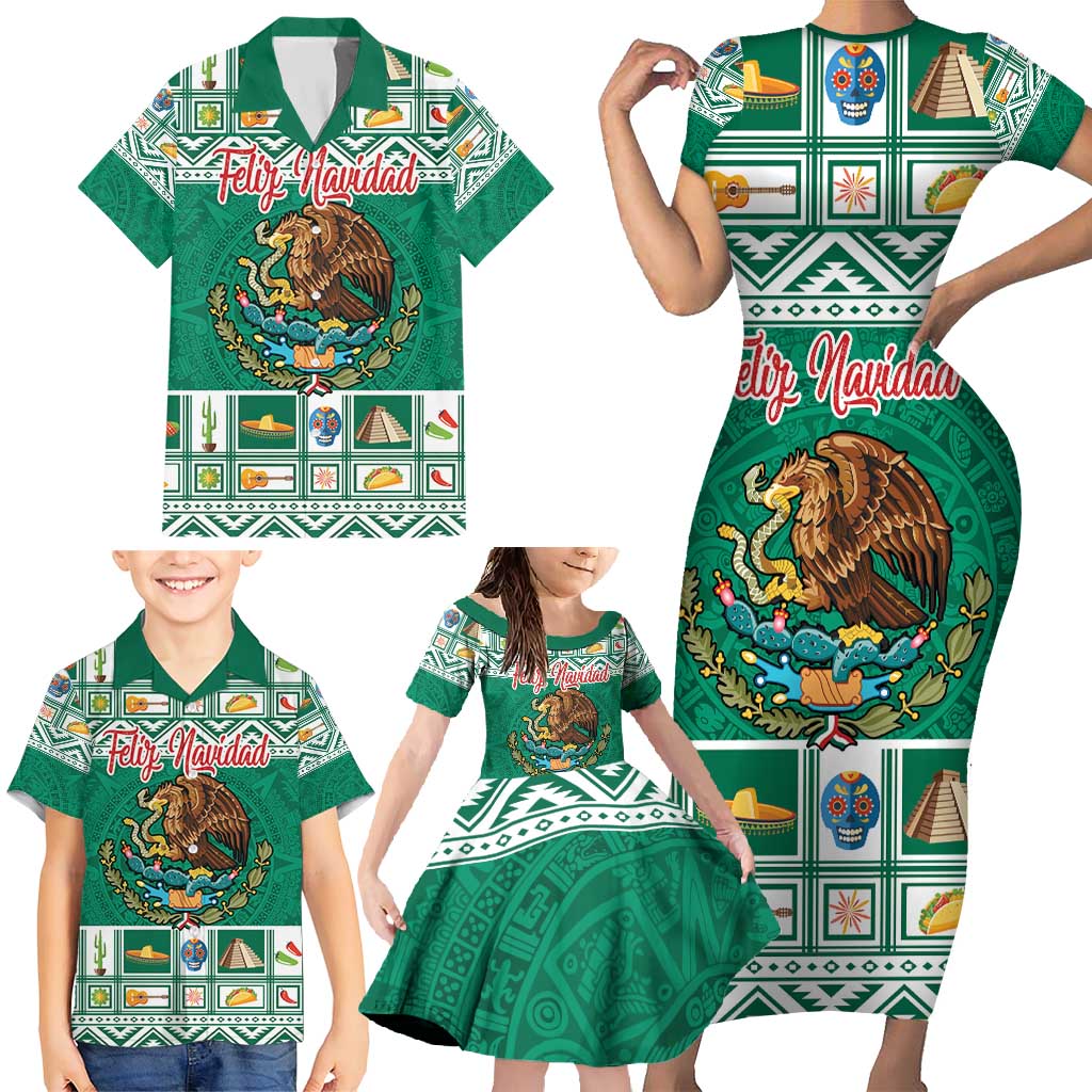 Personalized Mexico Christmas Family Matching Short Sleeve Bodycon Dress and Hawaiian Shirt Coat Of Arms With Aztec Mexican Patterns - Wonder Print Shop