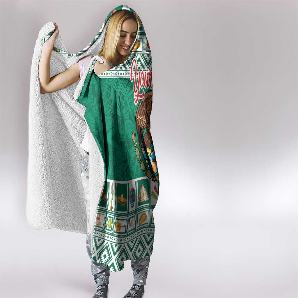 Personalized Mexico Christmas Hooded Blanket Coat Of Arms With Aztec Mexican Patterns