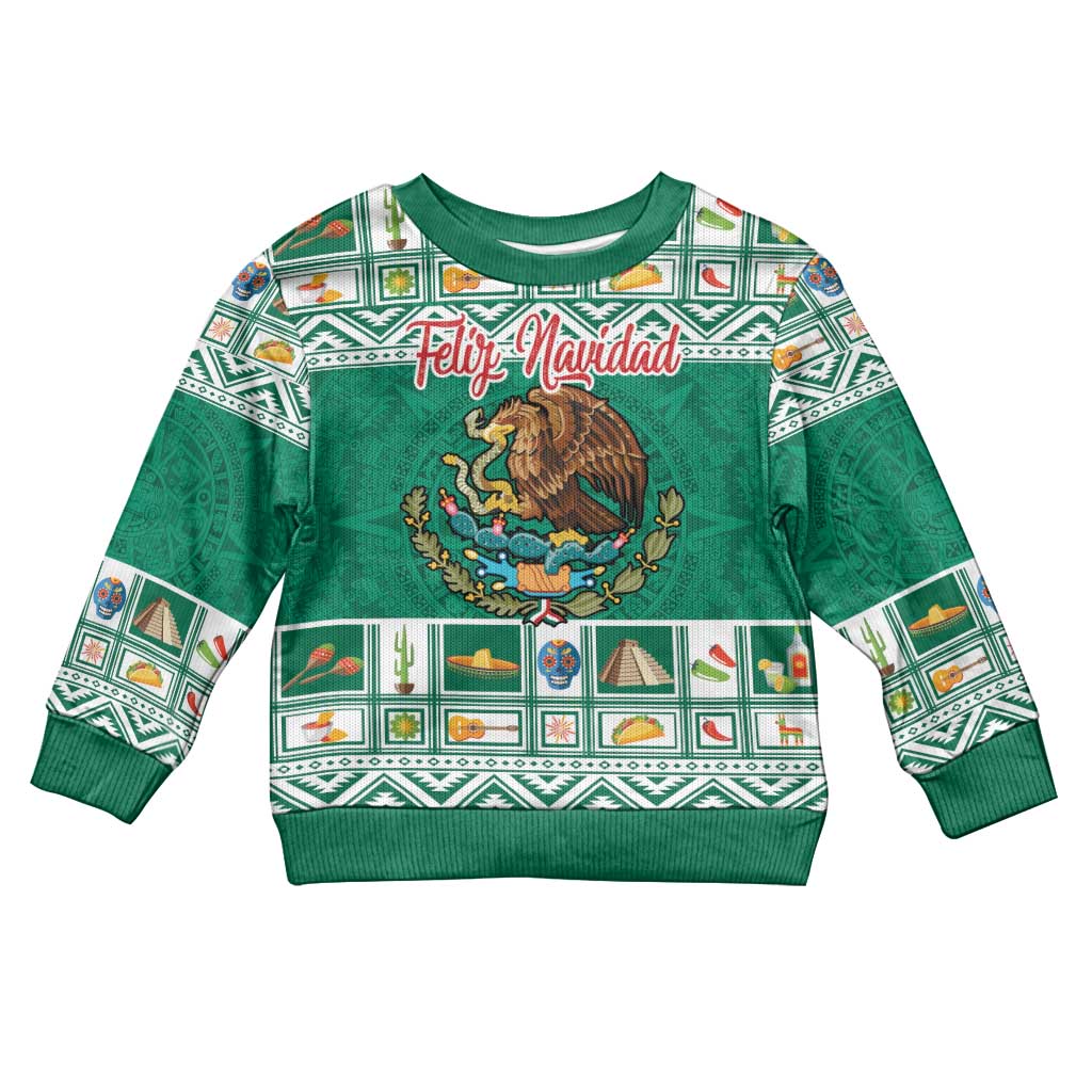 Personalized Mexico Christmas Kid Ugly Christmas Sweater Coat Of Arms With Aztec Mexican Patterns - Wonder Print Shop