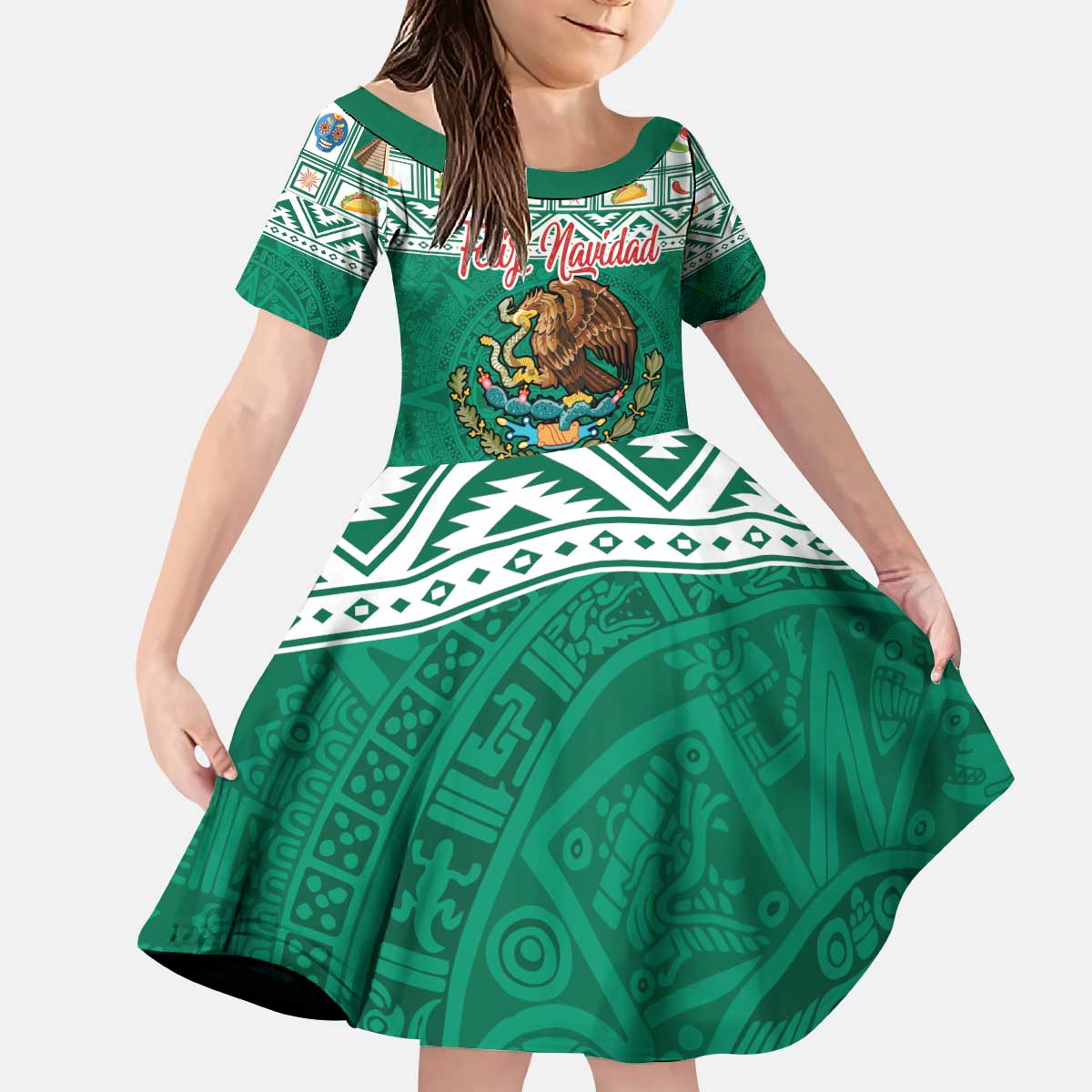 Personalized Mexico Christmas Kid Short Sleeve Dress Coat Of Arms With Aztec Mexican Patterns - Wonder Print Shop