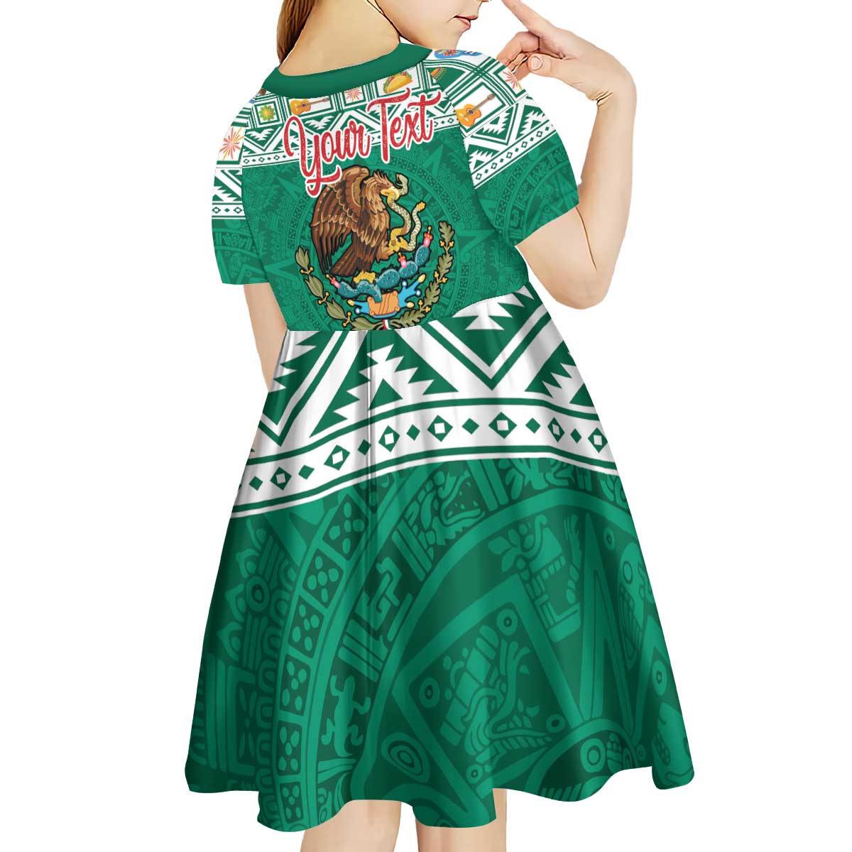 Personalized Mexico Christmas Kid Short Sleeve Dress Coat Of Arms With Aztec Mexican Patterns - Wonder Print Shop