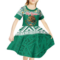 Personalized Mexico Christmas Kid Short Sleeve Dress Coat Of Arms With Aztec Mexican Patterns - Wonder Print Shop