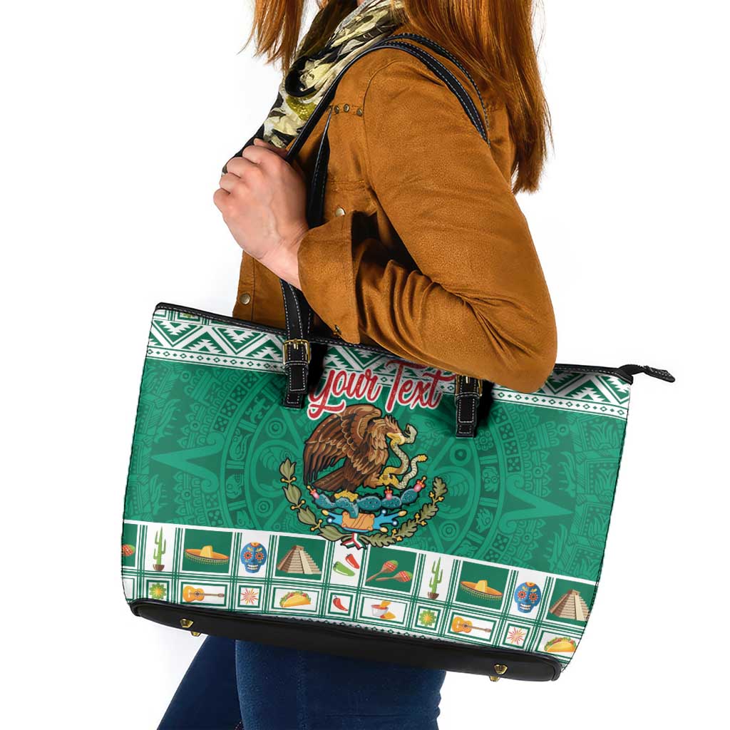 Personalized Mexico Christmas Leather Tote Bag Coat Of Arms With Aztec Mexican Patterns - Wonder Print Shop
