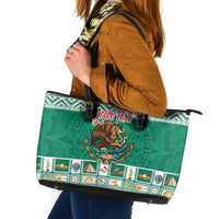 Personalized Mexico Christmas Leather Tote Bag Coat Of Arms With Aztec Mexican Patterns - Wonder Print Shop