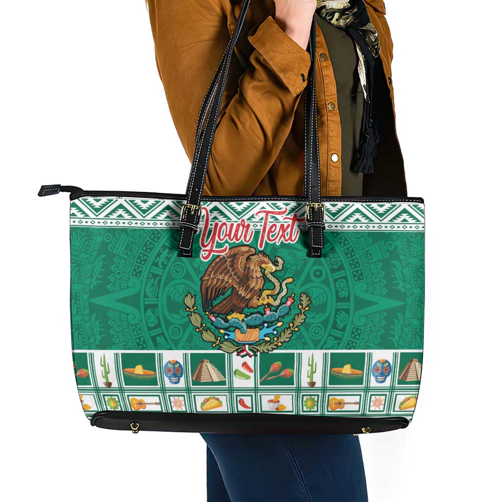 Personalized Mexico Christmas Leather Tote Bag Coat Of Arms With Aztec Mexican Patterns - Wonder Print Shop