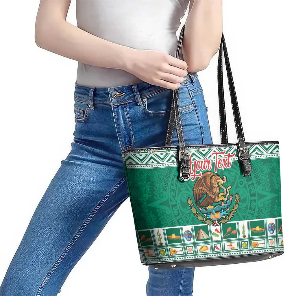 Personalized Mexico Christmas Leather Tote Bag Coat Of Arms With Aztec Mexican Patterns - Wonder Print Shop