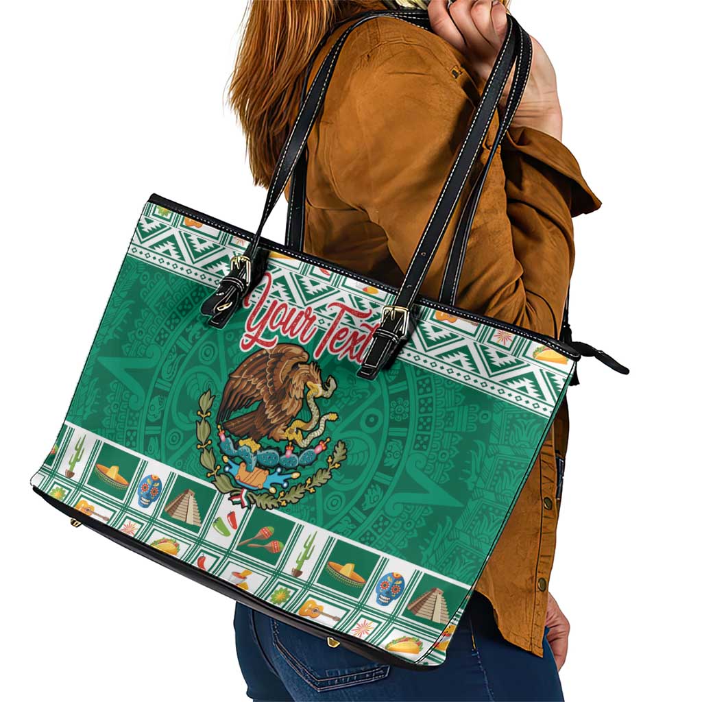 Personalized Mexico Christmas Leather Tote Bag Coat Of Arms With Aztec Mexican Patterns - Wonder Print Shop
