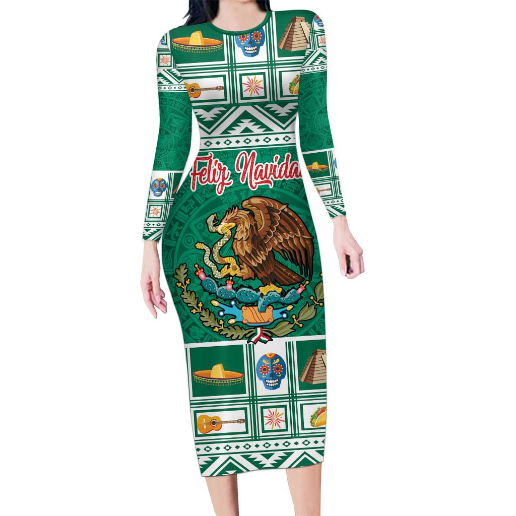 Personalized Mexico Christmas Long Sleeve Bodycon Dress Coat Of Arms With Aztec Mexican Patterns - Wonder Print Shop