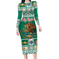 Personalized Mexico Christmas Long Sleeve Bodycon Dress Coat Of Arms With Aztec Mexican Patterns - Wonder Print Shop