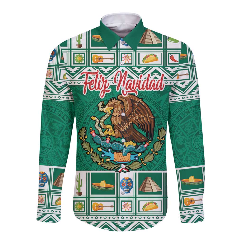 Personalized Mexico Christmas Long Sleeve Button Shirt Coat Of Arms With Aztec Mexican Patterns - Wonder Print Shop